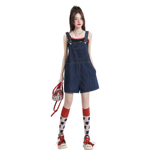 Retro overalls women's thin 2024 summer new high-waisted straight loose denim overalls five-quarter pants overalls