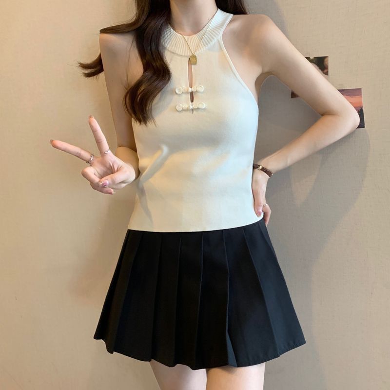 New Chinese style sling women's inner wear and outer wear 2024 spring and summer new slim fit inner wear sleeveless halter neck buttoned top