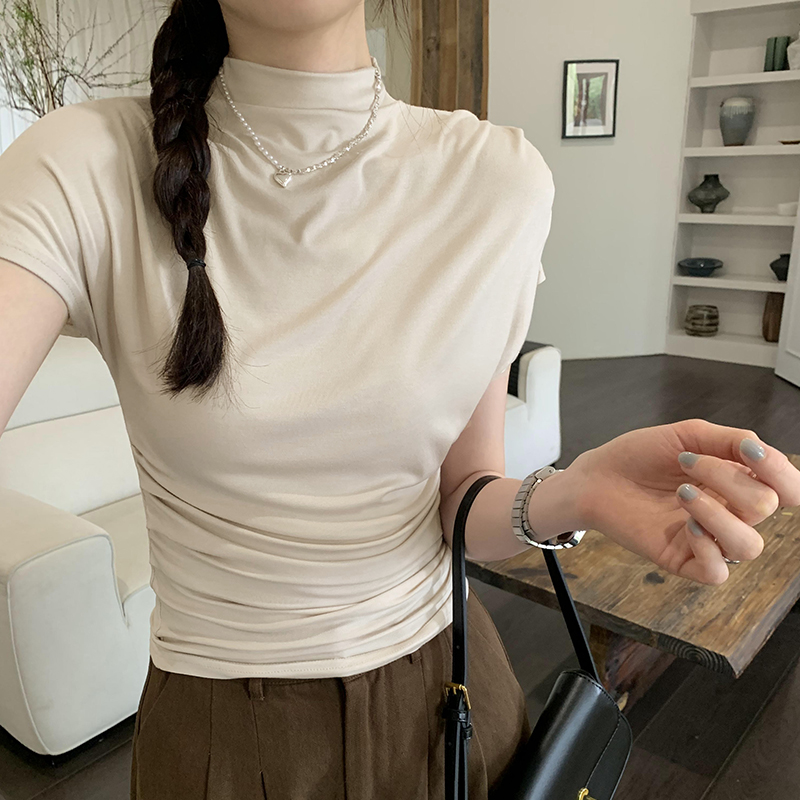 Photographed Aesthetic American Retro Design V-Neck Pleated Short-Sleeve T-Shirt for Women Summer 2024 New Slim Fit Short Top