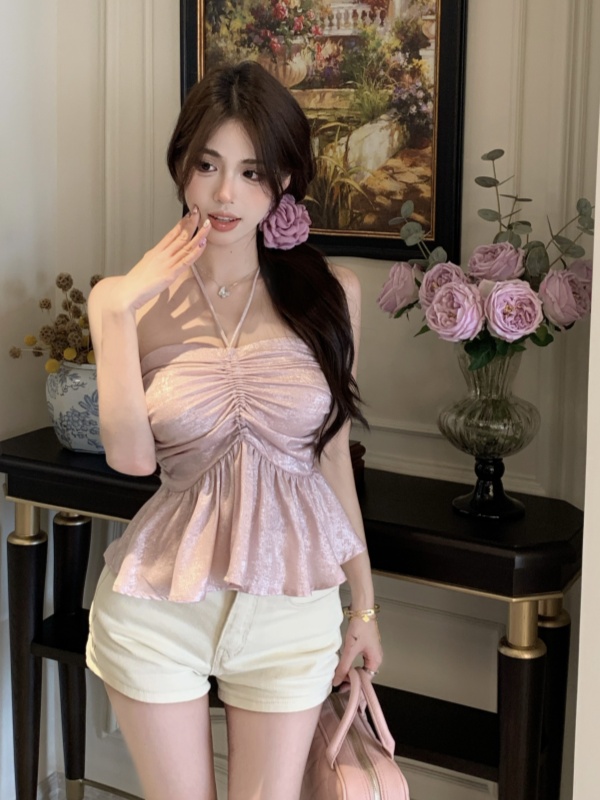 實拍  掛脖吊帶背心純色氣質抹胸收腰裙擺短款露肩設計上衣