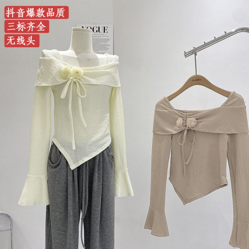 2024 spring new style exquisite three-dimensional flower trumpet sleeve casual shirt for women Korean style gentle off-shoulder square collar top