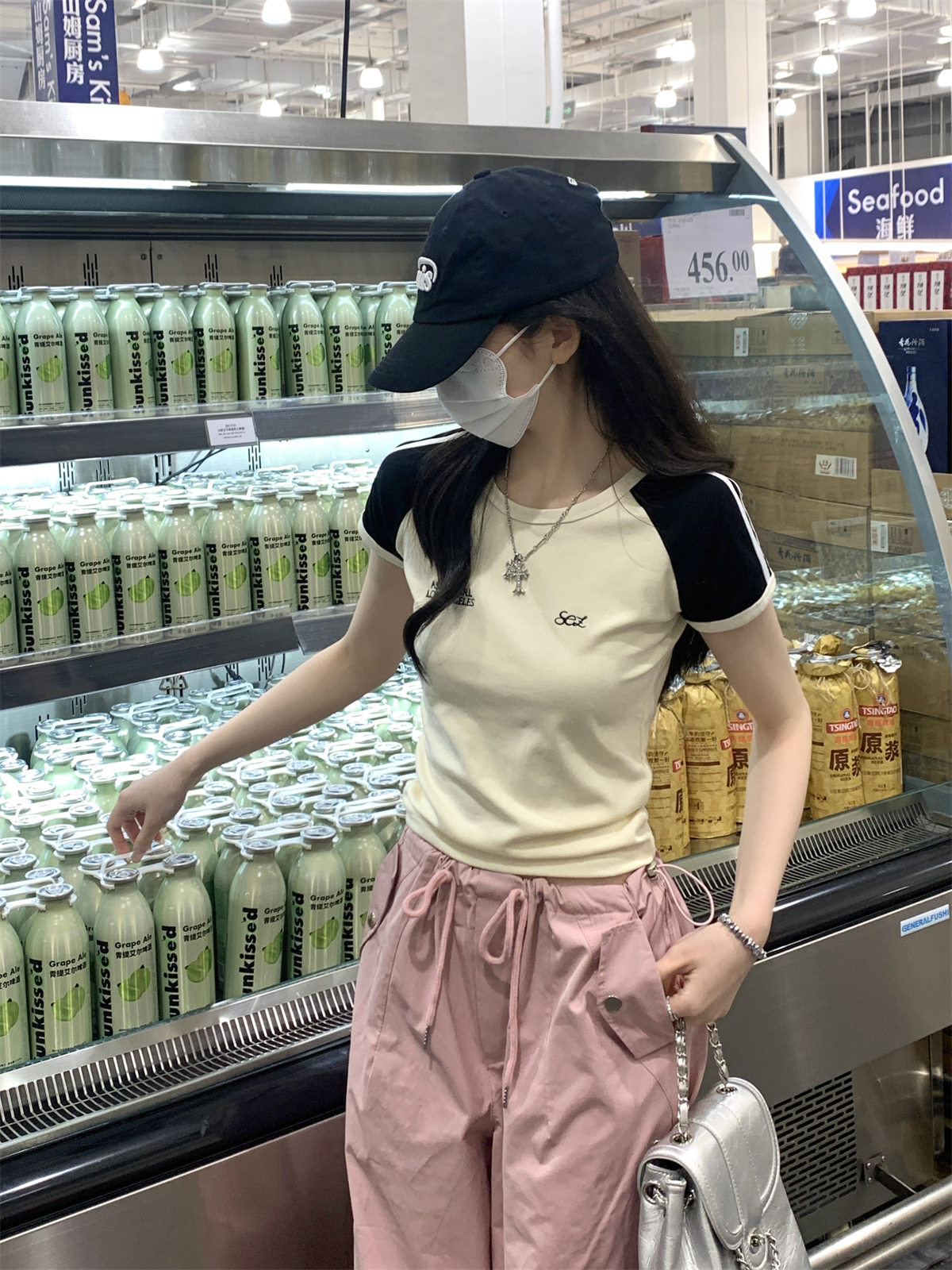Real shot Summer Korean style raglan contrasting color slim strip embroidery versatile cotton short-sleeved T-shirt top for women