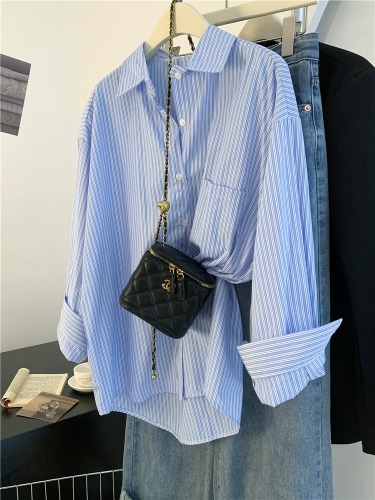 Retro French lazy style blue striped shirt for women spring and autumn design niche long-sleeved layered shirt jacket