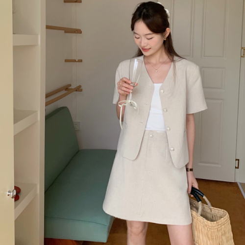 韩版2024新款小香风短袖西装套装夏气质单排扣西服半身裙两件套