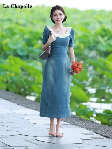 巴黎时光LiLi夏季法式复古水洗蓝色显瘦牛仔连衣裙