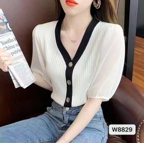 夏季新款韩版气质女神范V领雪纺泡泡袖短袖开衫针织上衣