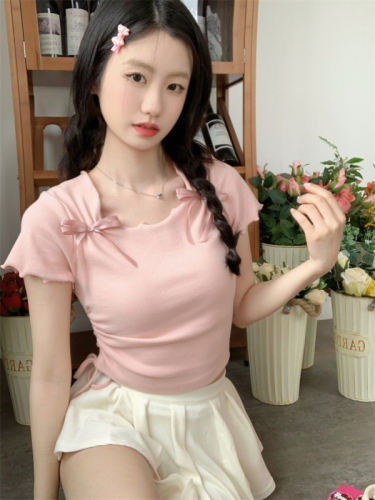 For pure style, slim fit T-shirt for women, sweet bow, chic bottoming shirt, short drawstring top