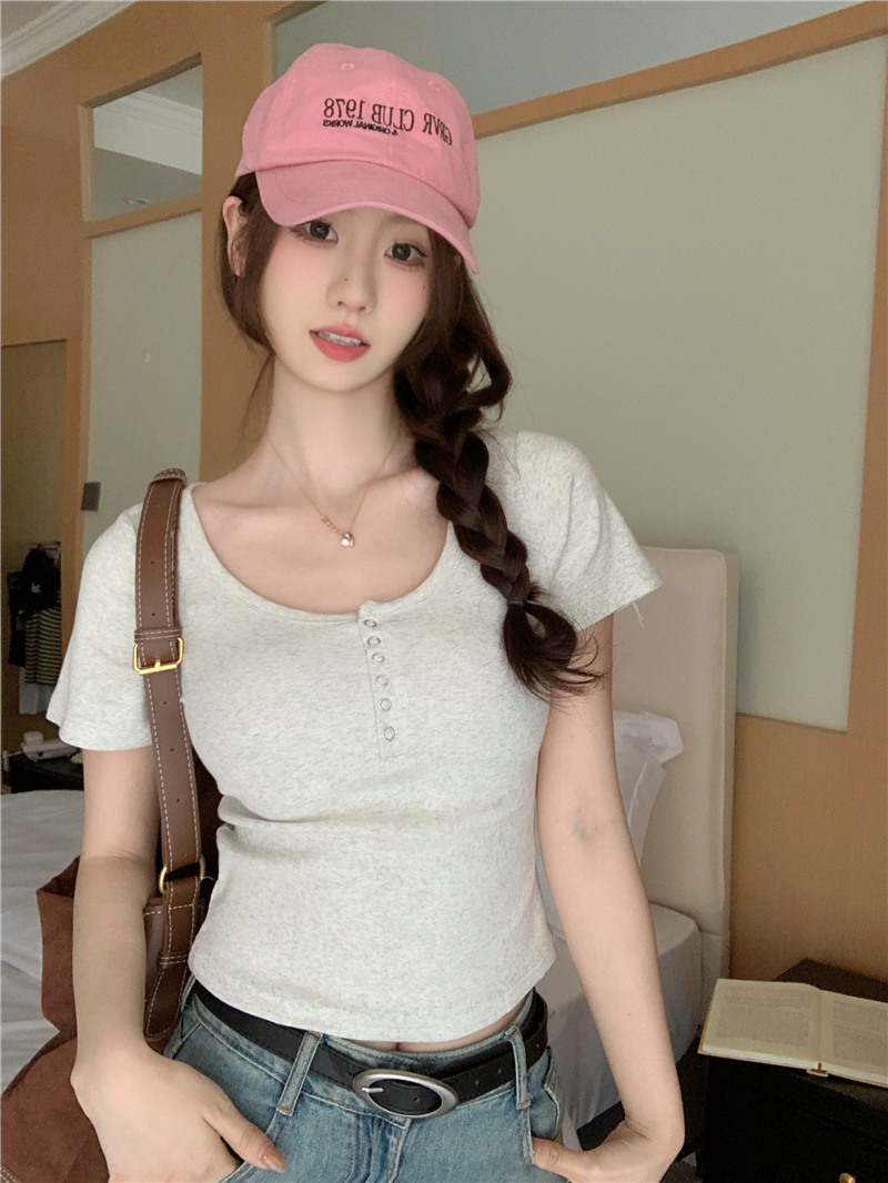 實拍 夏季新款正肩短袖t恤女設計感短款修身半開領上衣