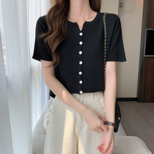 Real shot and real price Summer versatile V-neck short-sleeved ice silk knitted cardigan slimming casual top for women 9 colors