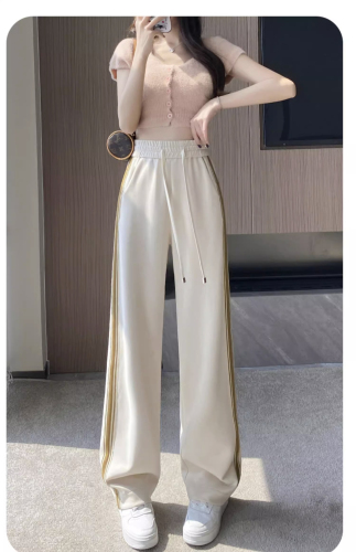 Side striped wide-leg pants for women 2024 spring high-waisted black narrow straight-leg casual sports pants