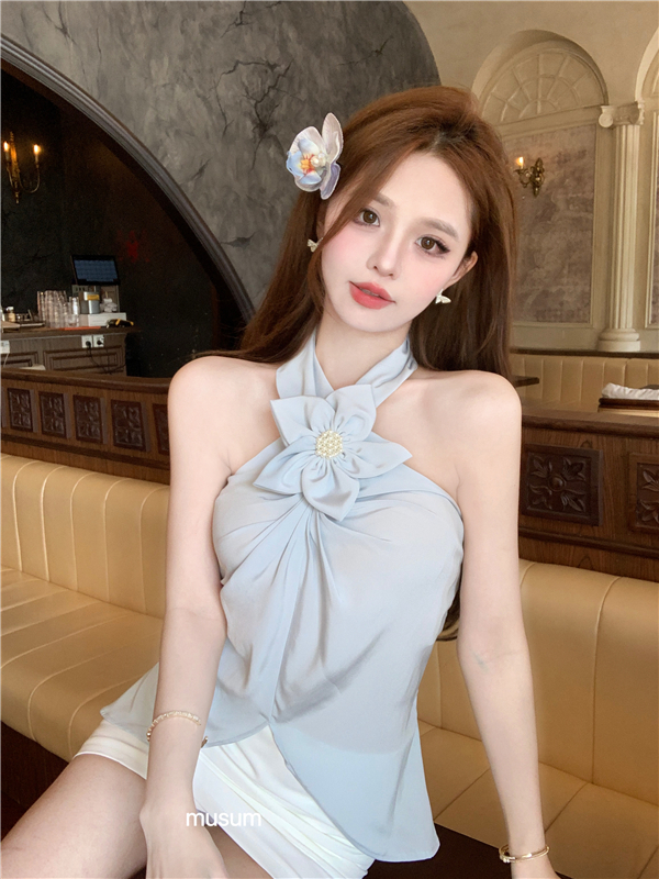 實拍  氣質無袖開叉顯瘦百搭交叉掛脖背心女