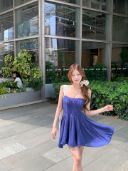 實拍 春夏無袖新款氣質彈力收腰顯瘦打攬塔克線抹胸連衣裙女