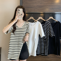 實拍 新款夏百搭條紋寬鬆開叉擺冰絲針織衫上衣T恤
