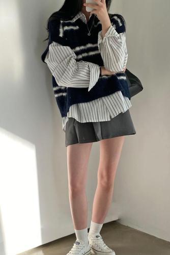 Real price Korean chic loose contrast striped layered sweater vest knitted vest for women