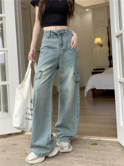 Actual shot~New American high street straight-leg loose high-waist slim work jeans for women