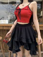 實拍 辣妹吊帶春夏系帶修身性感上衣+拼接蕾絲荷葉邊半身裙女