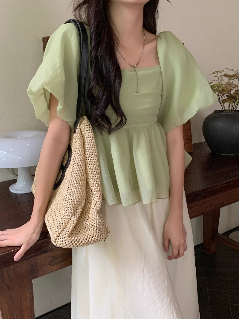 甜美方領杏色雪紡衫女夏裝裹胸褶皺泡泡袖上衣收腰顯瘦短款打底衫