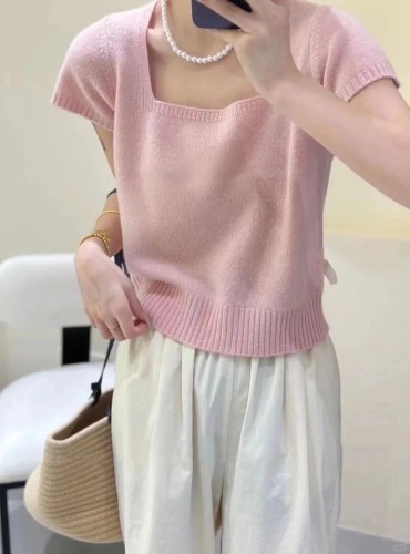 法式温柔风粉色方领短袖针织衫女夏季百搭减龄短款简约T恤上衣