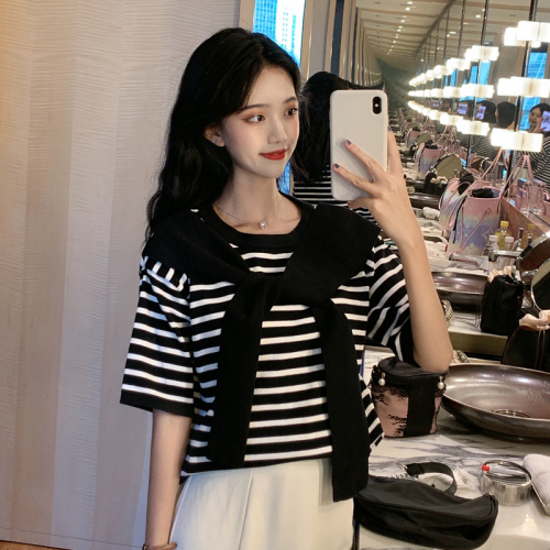 Real shot and real price Summer Korean style versatile striped shawl lace-up loose short-sleeved sweater fake two-piece top for women