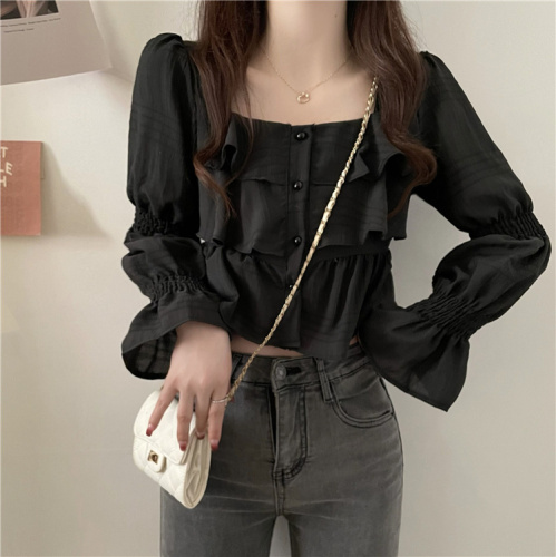 Actual shot ~ Spring and summer new style French square collar chiffon shirt, sweet trumpet sleeve temperament shirt top