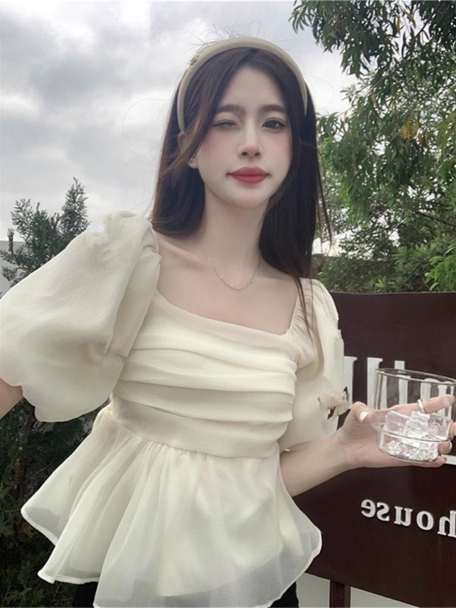 甜美方領杏色雪紡衫女夏裝裹胸褶皺泡泡袖上衣收腰顯瘦短款小個子