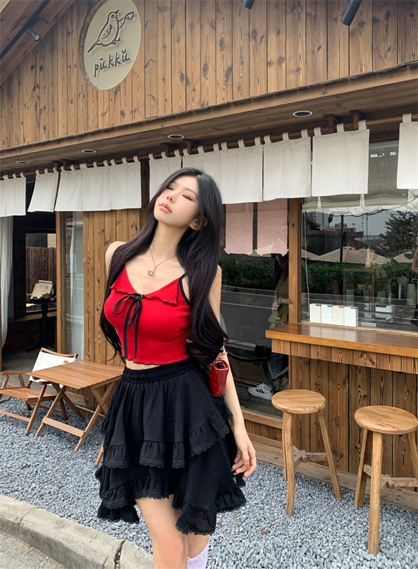 實拍 辣妹吊帶春夏系帶修身性感上衣+拼接蕾絲荷葉邊半身裙女