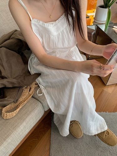 韩国chic甜美气质时尚简约蕾丝花边暗纹系带收腰吊带连衣裙