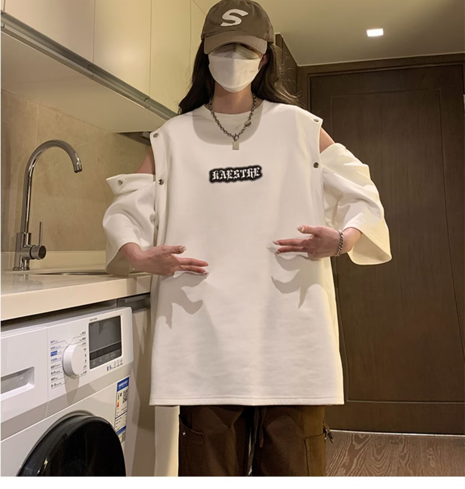 麂皮絨白色t恤女短袖夏季可拆卸圓領背心體恤寬鬆潮牌ins小眾上衣