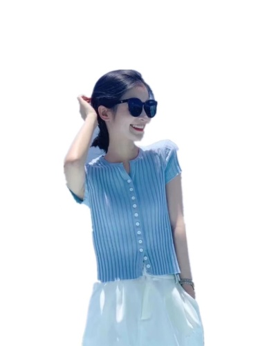夏新款V领修身小心机露脐短袖显瘦ins蓝色冰丝空调针织T恤上衣女