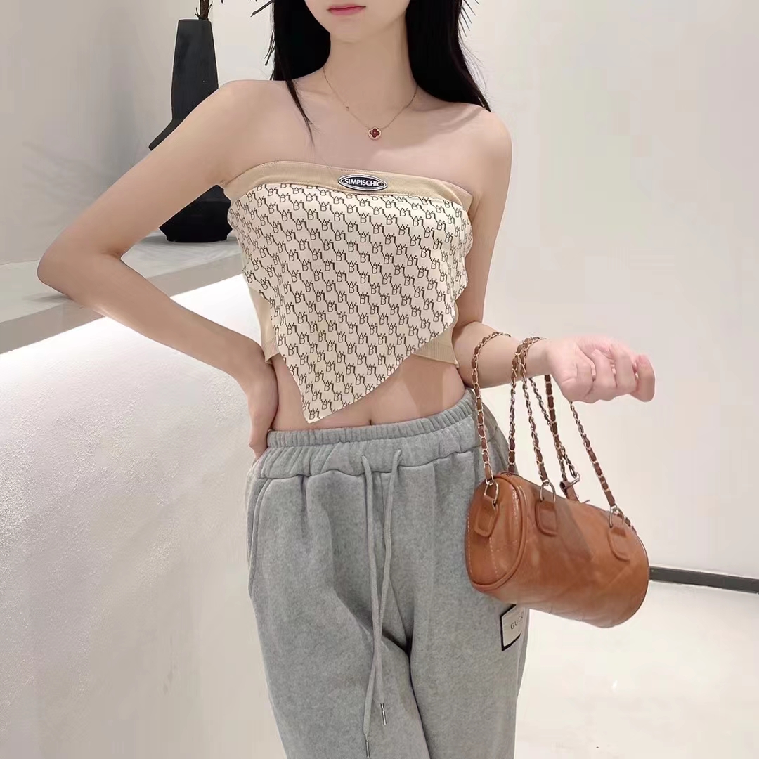 網紅直播衣服女主播上鏡夏季辣妹性感絲巾英文抹胸