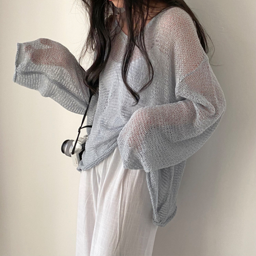 Real price Korean loose and lazy long-sleeved knitted hollow blouse for women