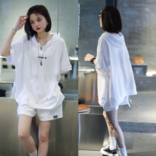 Fashion casual short-sleeved suit for women 2024 summer new style loose hooded sportswear versatile shorts two pieces