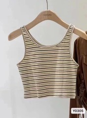夏季新款韓版少女時尚雙U領撞色條紋百搭背心