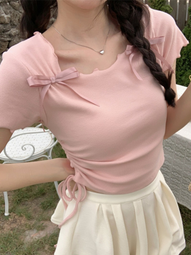 For pure style, slim fit T-shirt for women, sweet bow, chic bottoming shirt, short drawstring top