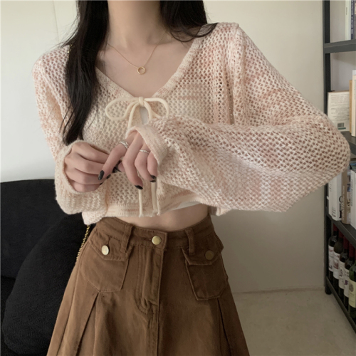 Actual shot of new gradient color thin sunscreen hollow knitted cardigan women's top