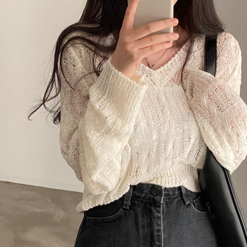 Real price Korean retro loose hollow thin knitted sunscreen long-sleeved ice silk blouse top for women