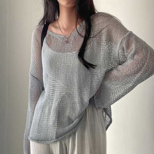 Real price Korean loose and lazy long-sleeved knitted hollow blouse for women