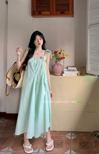 Real shot of Mint Summer Dopamine Girl Heavy Industry Suspender Dress Vacation Artifact