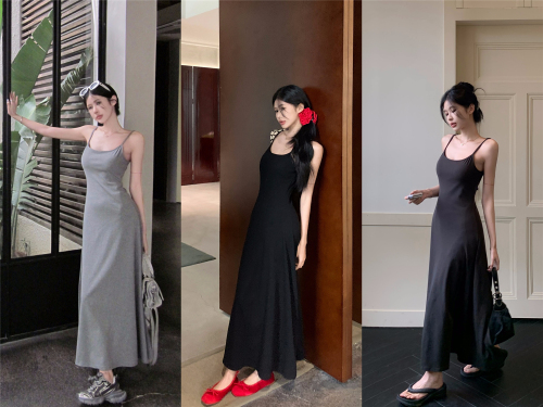 Actual shot ~ Simple and slim U-neck long style with breast pad design, elegant and high-end suspender dress in 3 colors