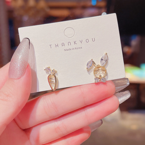 Real shot of 925 silver needle cute and sweet rabbit earrings simple small asymmetrical temperament earrings for women