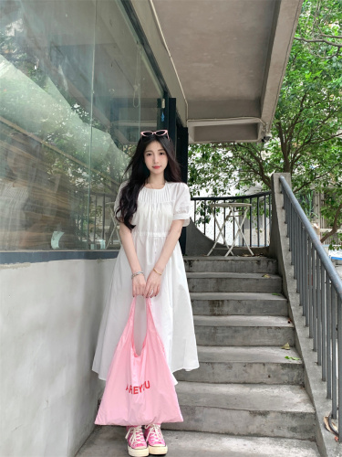 Actual shot~ Summer new style puff sleeve French style fresh and high-end simple waist slimming first love long skirt