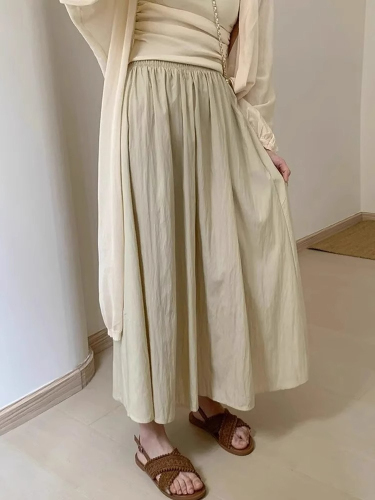 Mid-length solid color quick-drying skirt summer new women's fashion Korean style high-waist slim A-line long skirt