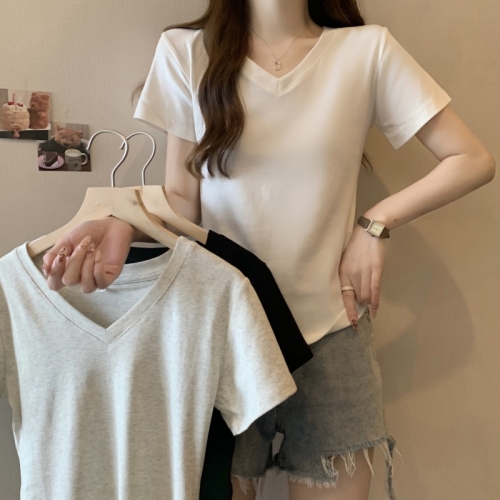 Real shot 40 count pure cotton 2024 summer V-neck short-sleeved t-shirt women's summer solid color Korean top