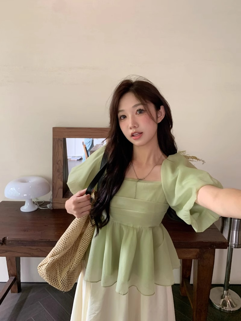 甜美方領杏色雪紡衫女夏裝裹胸褶皺泡泡袖上衣收腰顯瘦短款打底衫