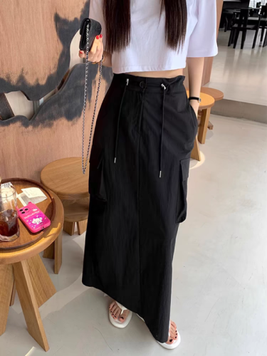 Korean chic summer niche versatile design drawstring lace-up waist slimming large pocket workwear skirt for women