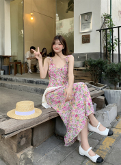 實拍粉色長裙春夏法式修身氣質高腰飛飛袖清新連衣裙