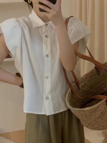 夏季韩系简约宽松polo领小飞袖衬衫女减龄短款单排扣上衣洋气小衫