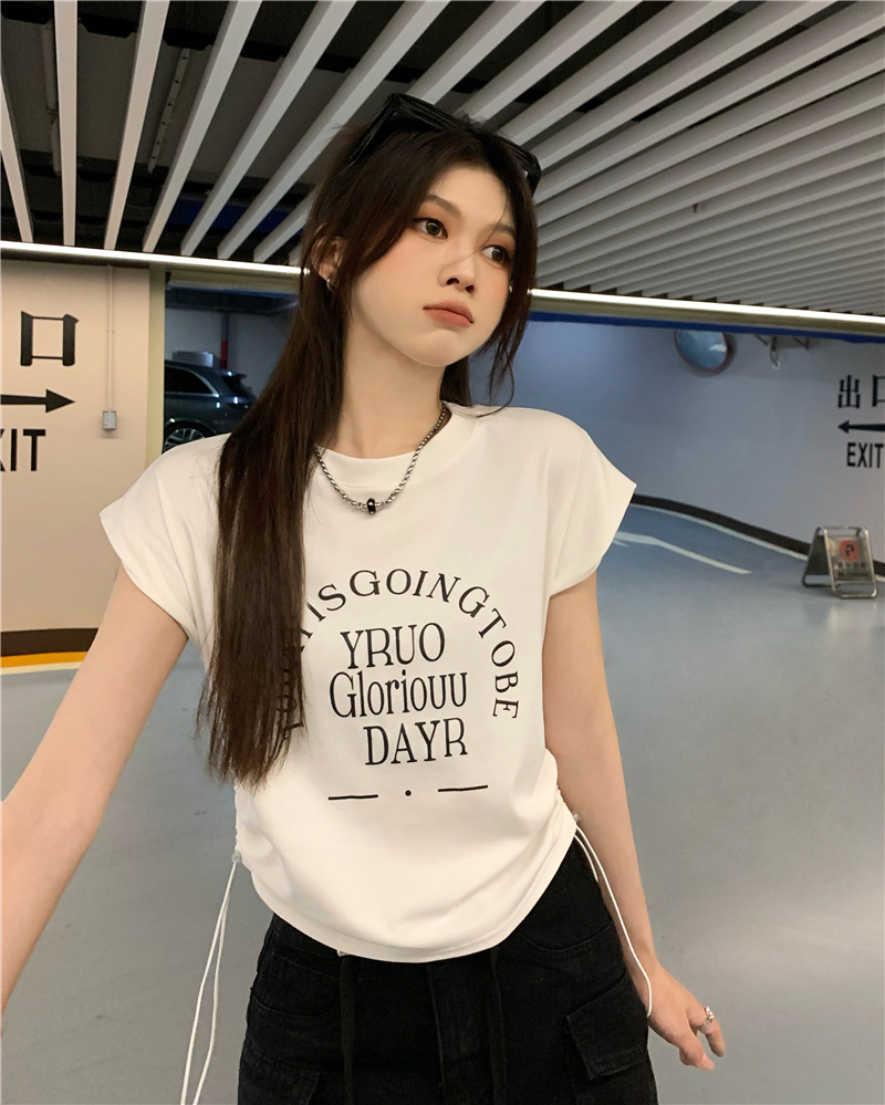 實拍 短款字母印花圓領無袖背心女夏季寬鬆抽繩百搭T恤上衣