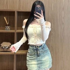 純欲甜辣妹性感一字肩短款上衣女夏季網紗防曬衫別致絕美吊帶小衫