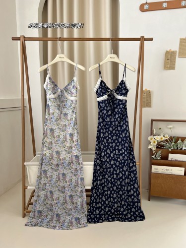 CallmeEar//Midsummer Night's Dream floral suspender dress women's waist slimming short-sleeved long dress summer